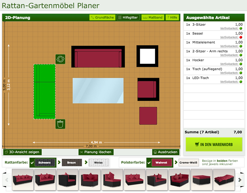 2D-Planungsansicht mit platzierten Gartenmöbeln