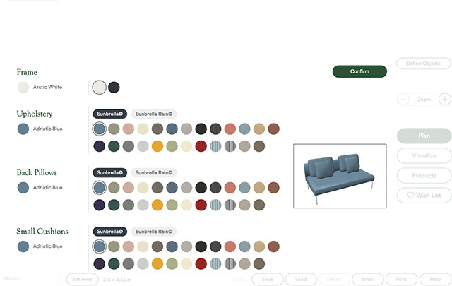 Detaillierter Polster-Farbauswahldialog für Loungemöbel